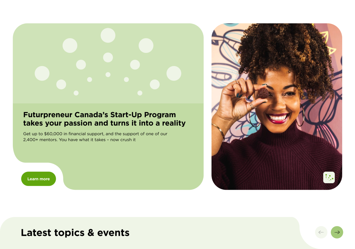 A call to action with text on the right and an image on the left on the Futurpreneur website