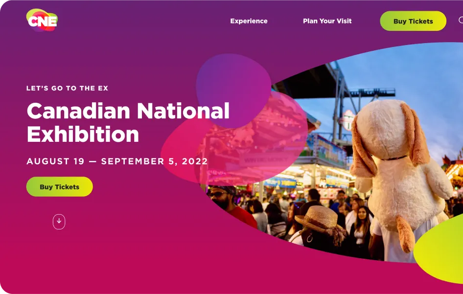 Homepage of the Canadian National Exhibition website, featuring bold text announcing event dates from August 19 to September 5, 2022